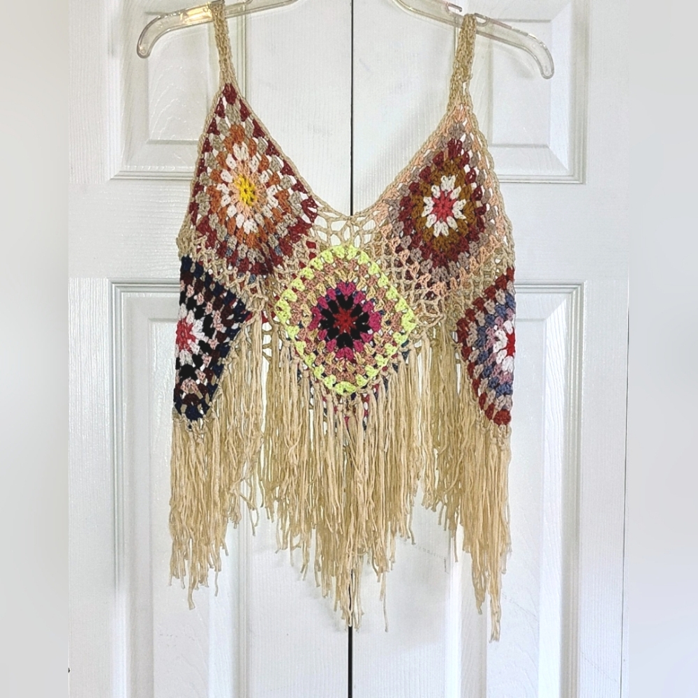 Lisa and Rose Women's Crochet and Fringe Spaghetti Strap Top, S/M.